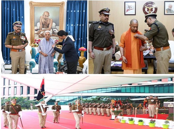 DGP UP Prashant Kumar presents memento police flag badge to Governor, CM Yogi