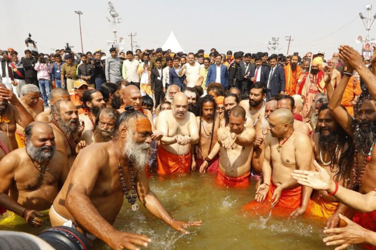 Union Home Minister Amit Shah reaches Maha Kumbh, takes sacred bath in Sangam with CM Yogi and saints